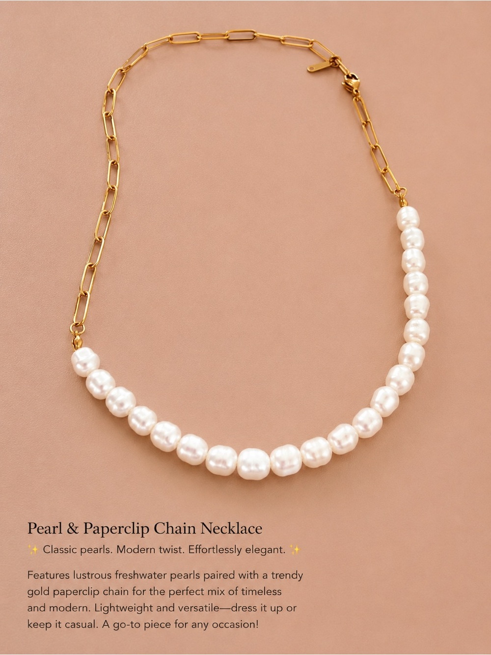 Gold Paperclip Chain Freshwater Pearl Necklace - White Pearls